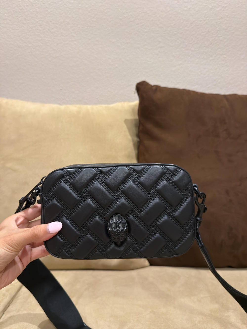 Kurt Geiger Black Quilted Leather Crossbody Bag with Skull Accent
